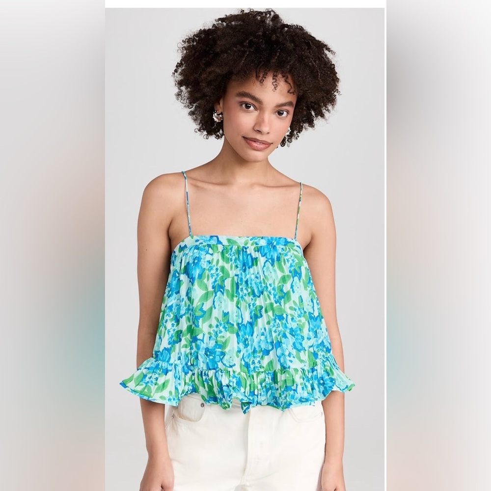AMUR Blue and Green Floral Ruffle Cami Top